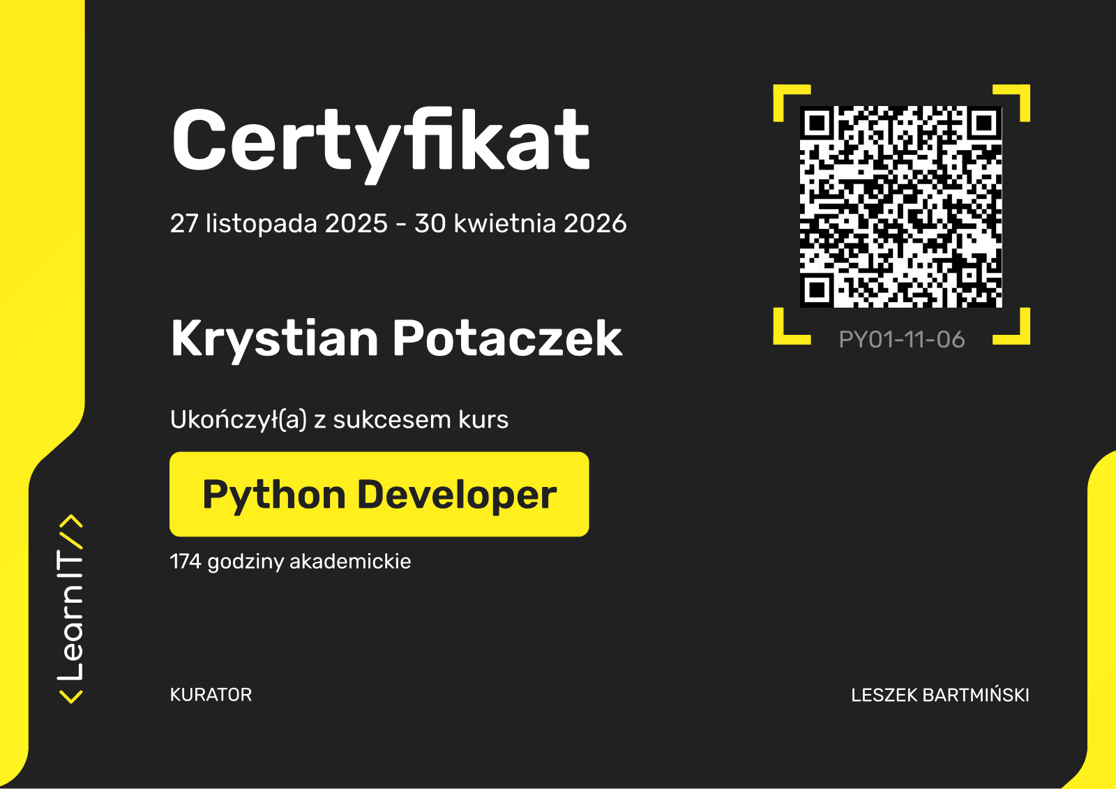 Certyfikat LearnIT — Python Developer, Krystian Potaczek