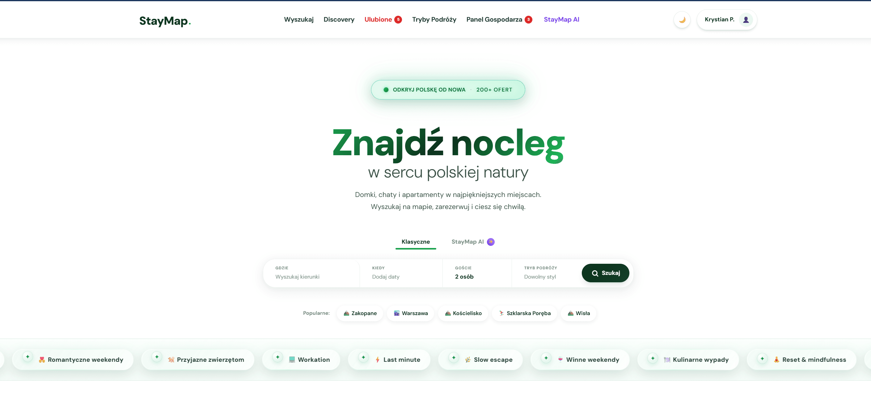 StayMap Polska - strona główna z formularzem wyszukiwania noclegów