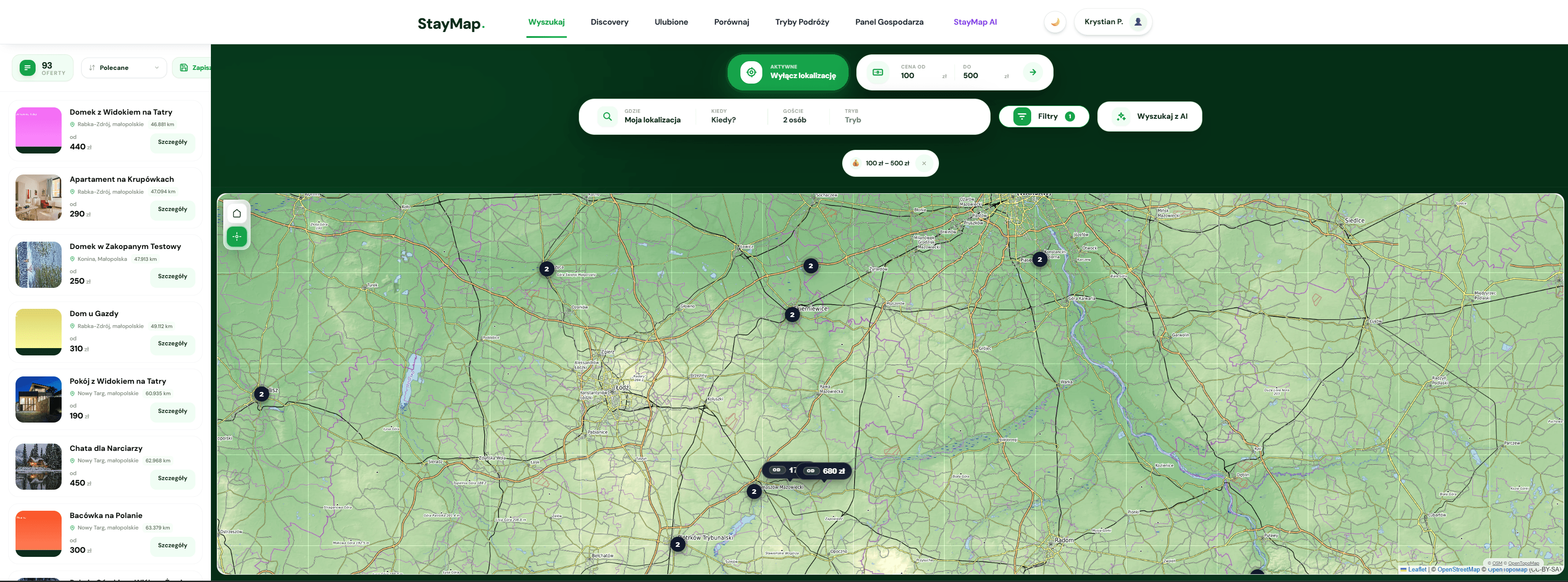 StayMap Polska - wyniki wyszukiwania noclegów w widoku mapy