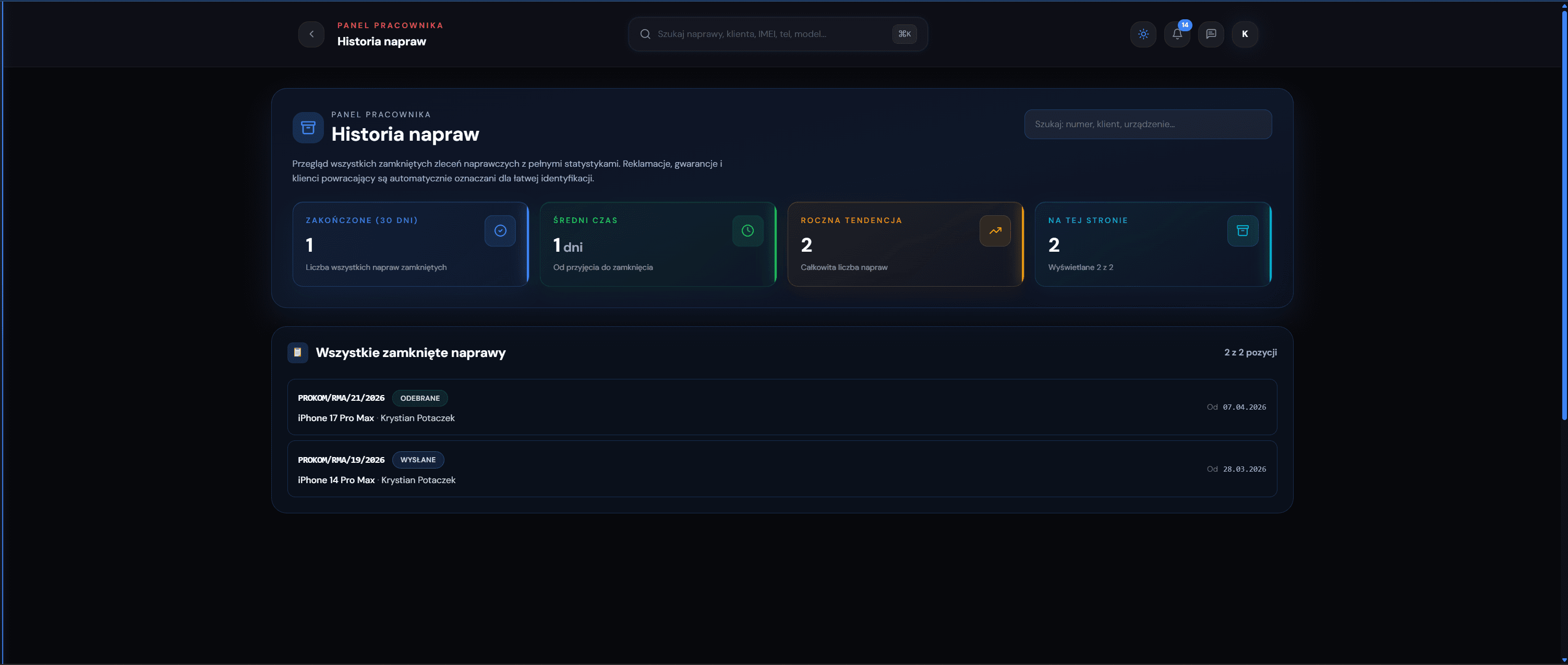 PRO-KOM Serwis System - Historia napraw