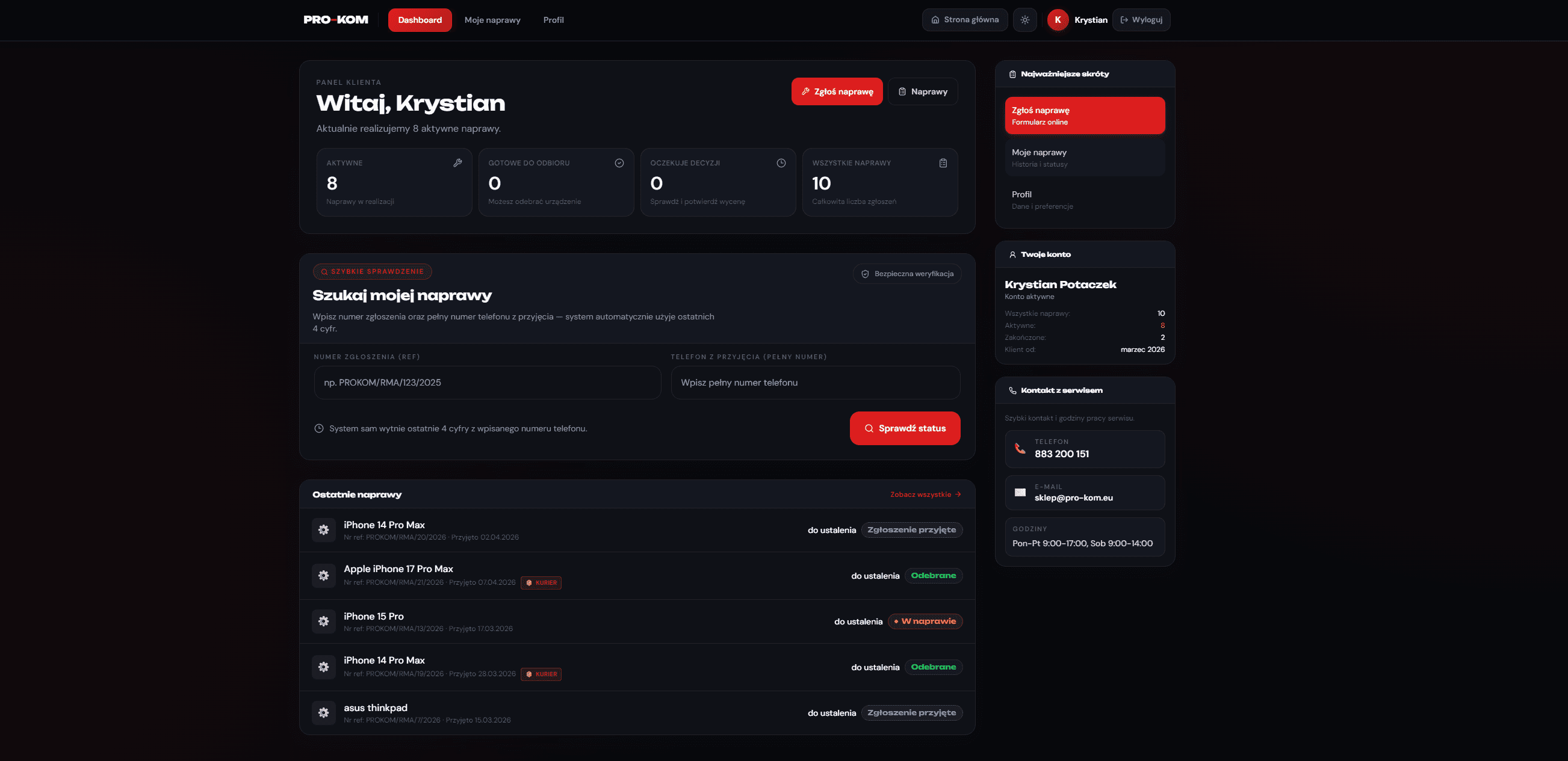 PRO-KOM Serwis System - Panel statusu klienta