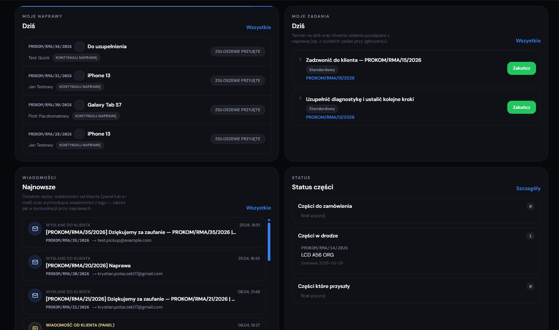 PRO-KOM Serwis System - Dalsza część dashboardu