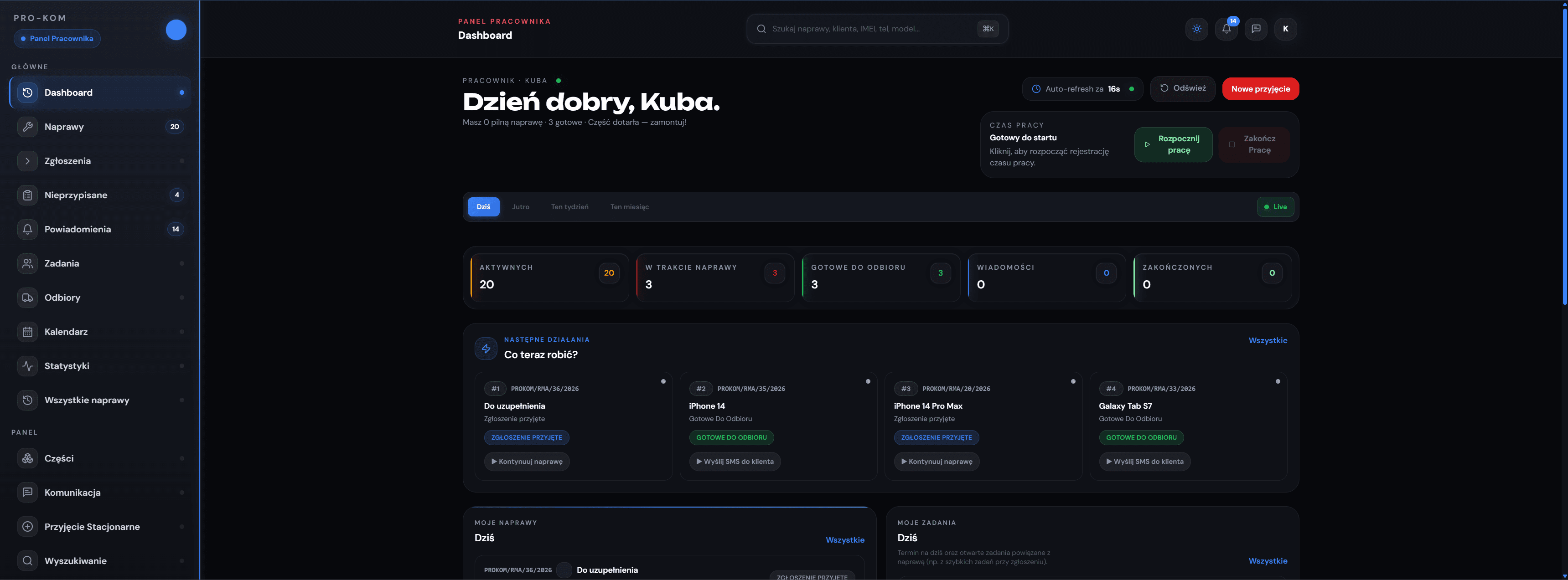 PRO-KOM Serwis System - Dashboard pracownika