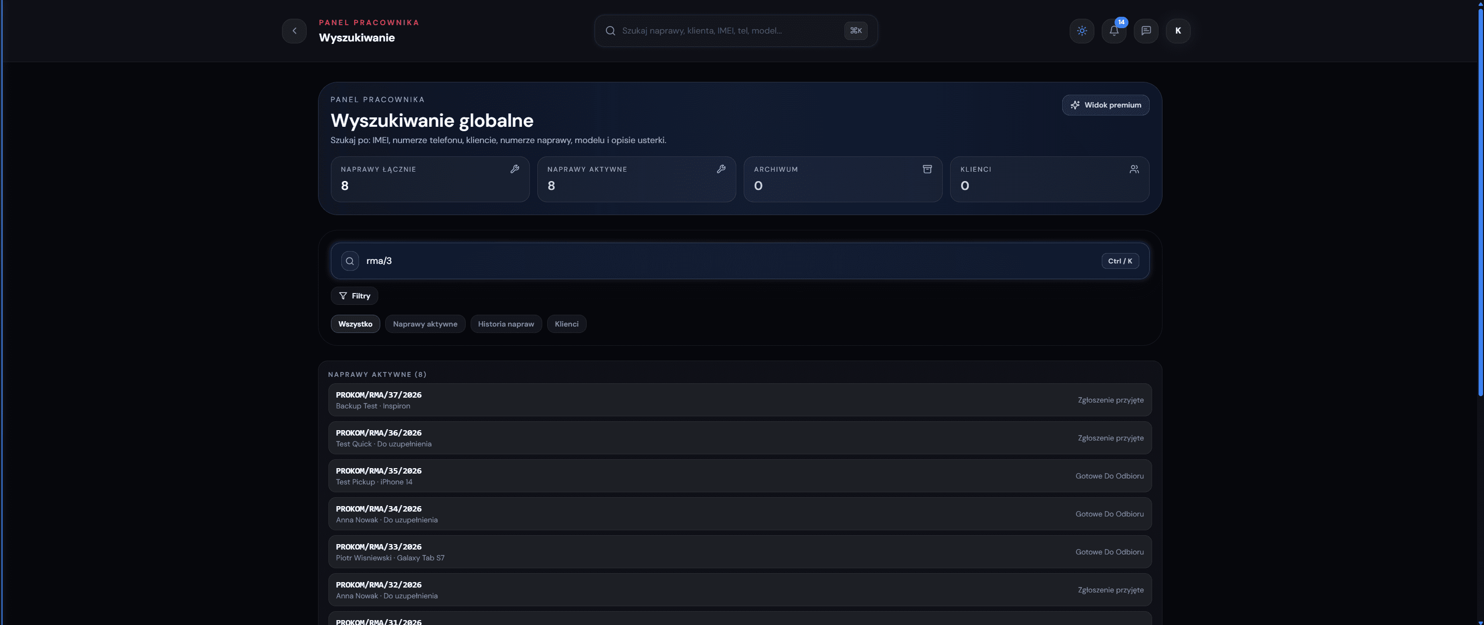 PRO-KOM Serwis System - Globalne wyszukiwanie