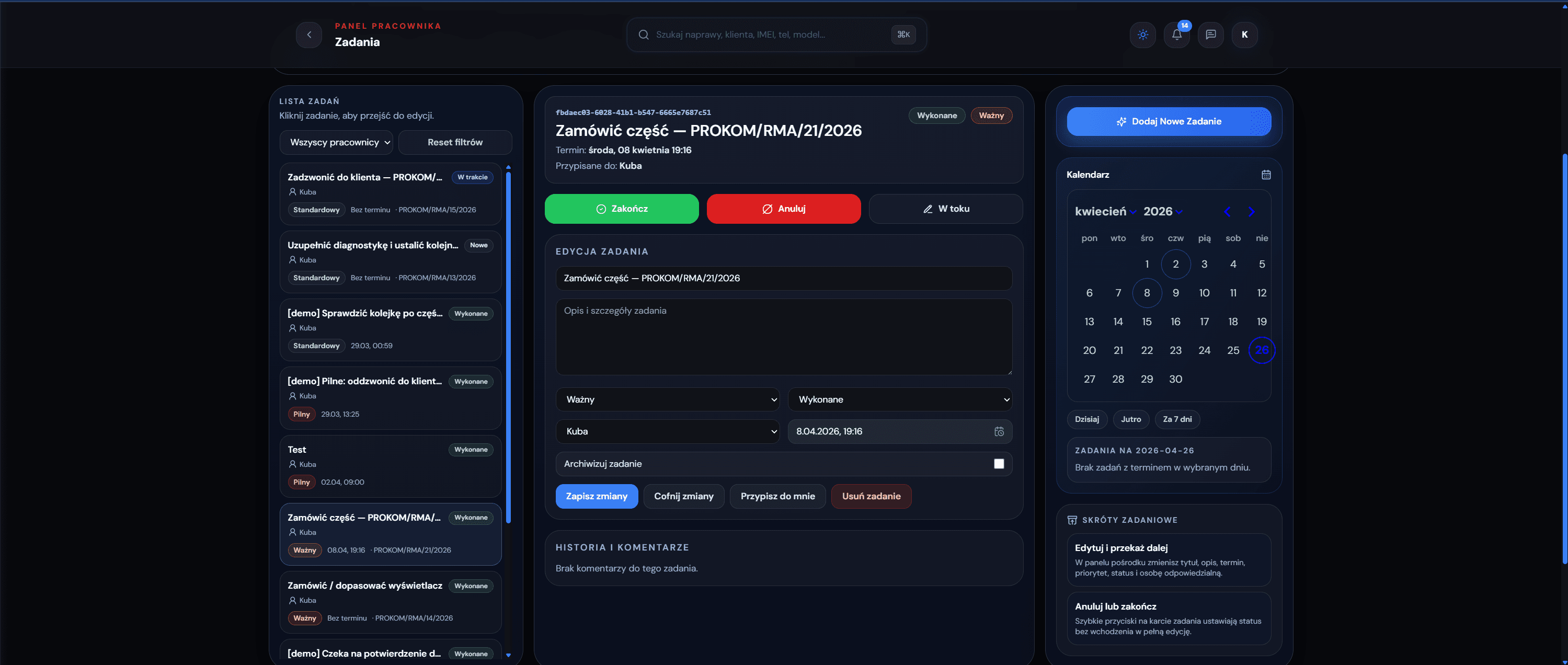 PRO-KOM Serwis System - Planowanie zadania