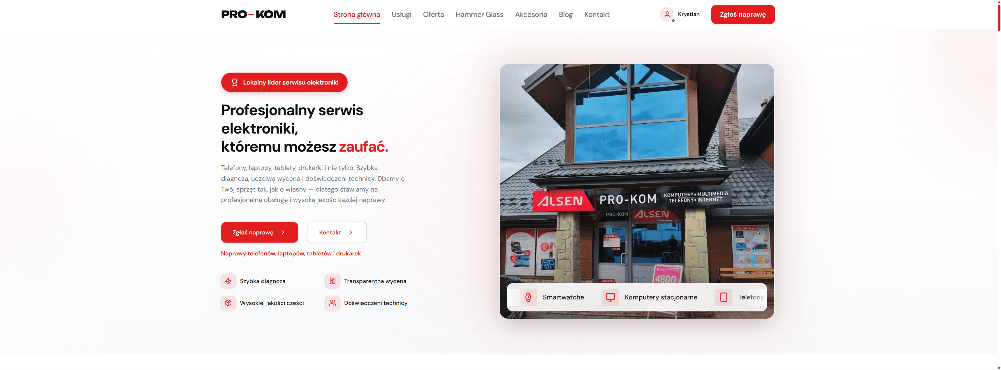 PRO-KOM Serwis System - publiczna strona główna serwisu z przyciskiem zgłoszenia naprawy